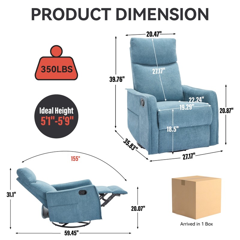Massage Recliner Chair with Rocker, Swivel, Heat, Blue Fabric gallery