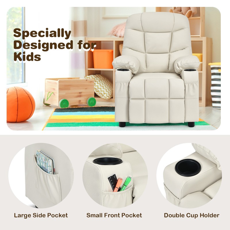 Costway Kids Youth Recliner Chair PU Leather w/Cup Holders & Side Pockets Beige gallery