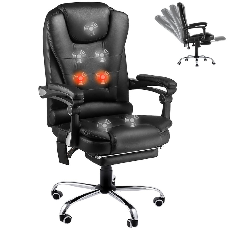 Executive Massage Office Chair with Heat, Reclining Footrest, Black Leather gallery