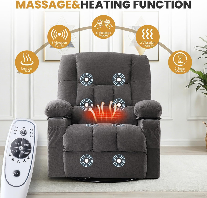 Swivel Rocker Recliner Chair with Vibration Massage and Heating Functions for Ad gallery