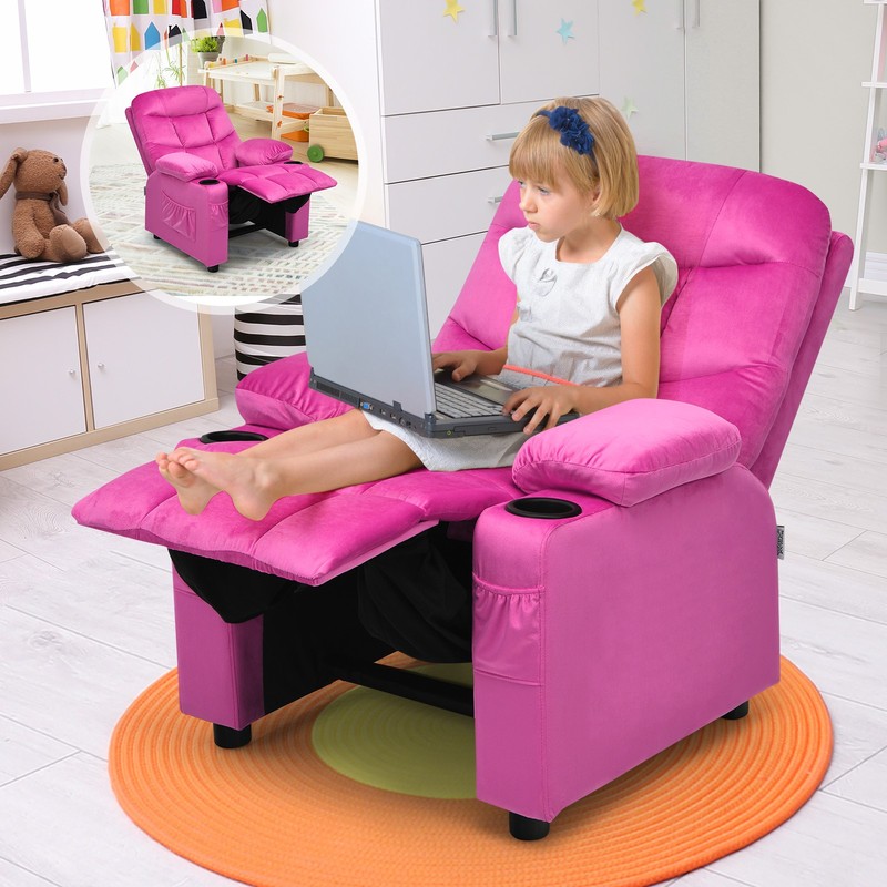 Honeyjoy Kids Youth Recliner Chair Velvet Fabric w/Cup Holder & Side Pocket Pink gallery