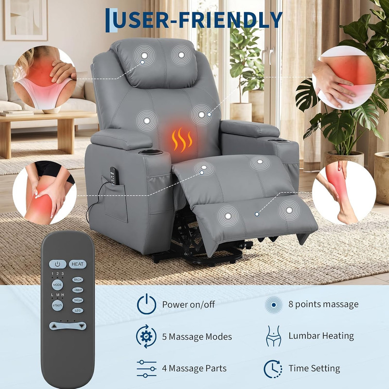 Power Lift Recliner Chair with 8-Point Vibration Massage & Lumbar Heating – Rock gallery