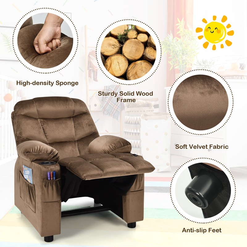 Costway Kids Youth Recliner Chair Velvet Fabric Armrest Sofa w/Cup Holder Brown gallery