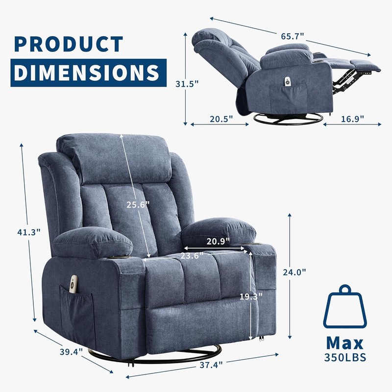 Oversized Swivel Rocking Recliner Chair,Heat&Massage,360° Swivel USB Cup Holders gallery