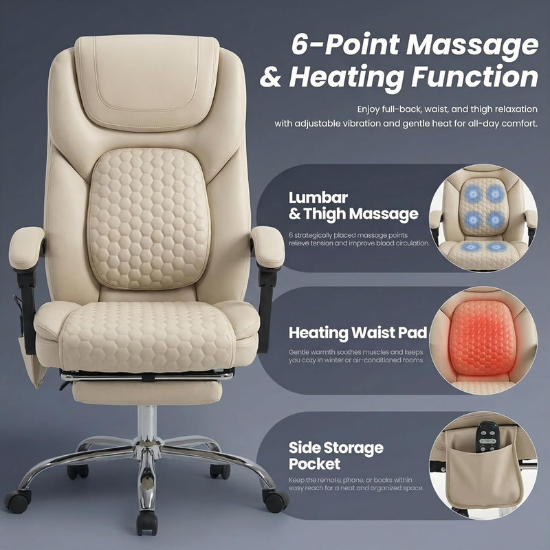 Massage Office Chair with Heat and Footrest - 3-Level 65°C Targeted Heating, 20- gallery