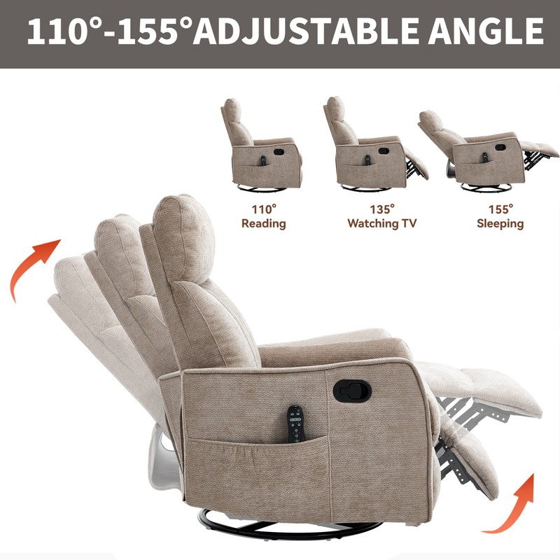Khaki Manual Recliner Chair with Massage, Heat, Rocker & Swivel gallery