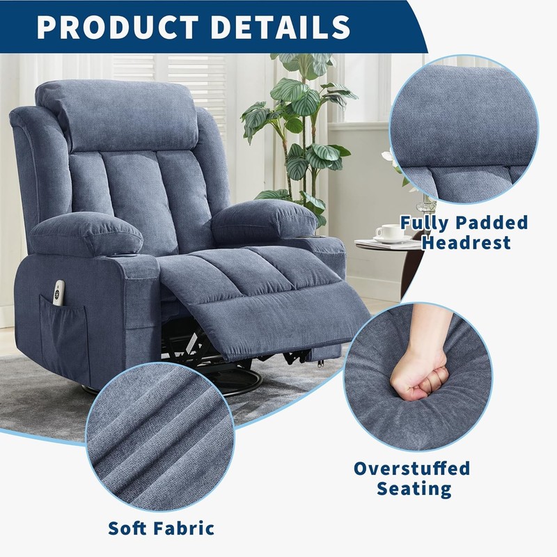 Oversized Swivel Rocking Recliner Chair,Heat&Massage,360° Swivel USB Cup Holders gallery