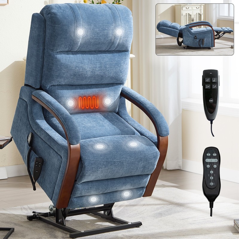 Power Lift Recliner Chair w/ Heat Massage, Blue Chenille, 350 lbs