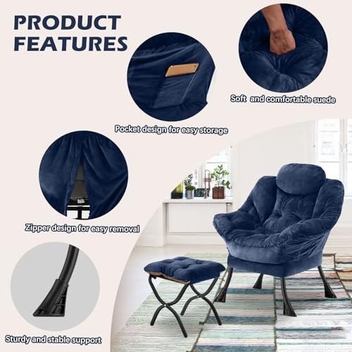 Lazy Chair with Folding Ottoman,Leisure Sofa Chair,Soft Fabric Plush Navy gallery