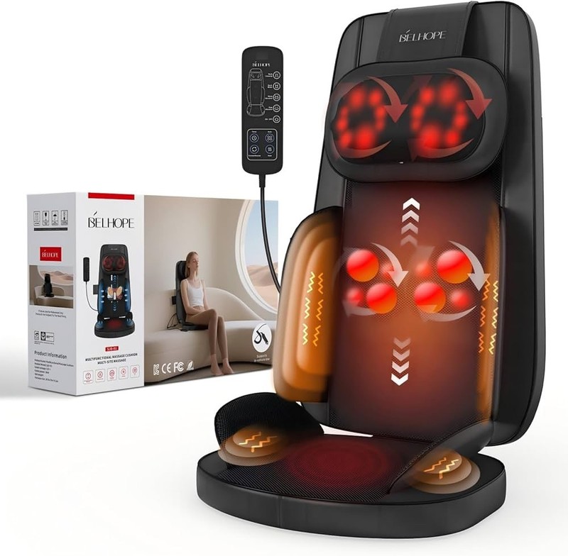 Belhope SJD-01 Massage Chair Cushion Black Heated Shiatsu Vibration LCD Remote