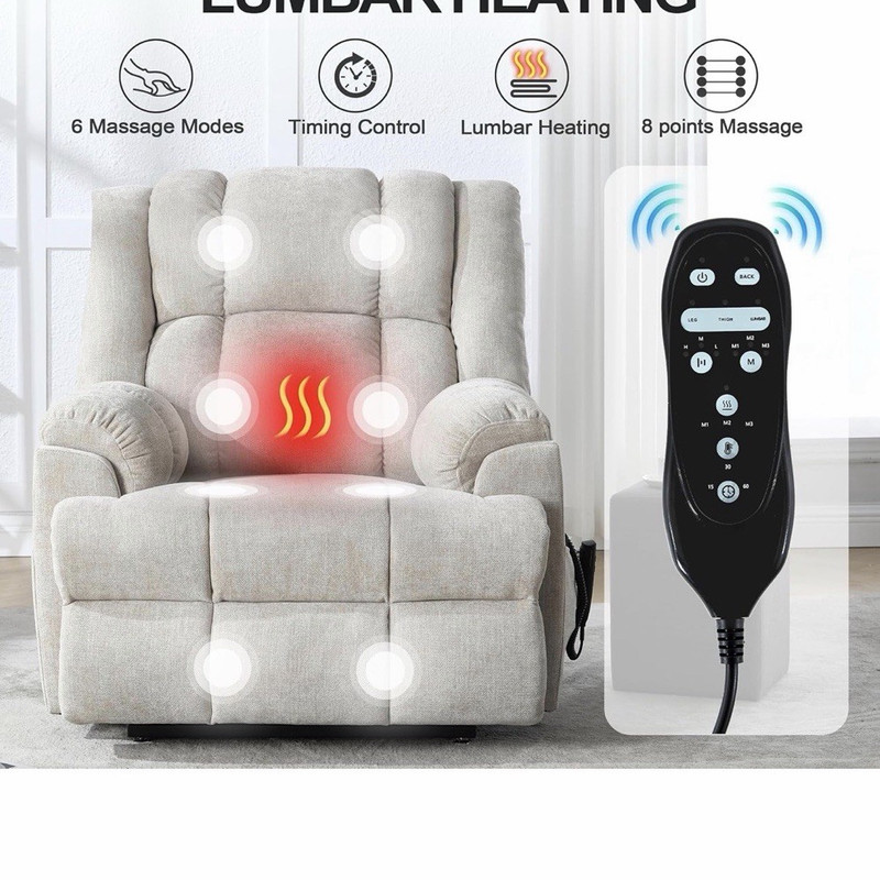 Heated Massage Recliner, Beige Chenille, Lumbar Heat, Remote, Pocket
