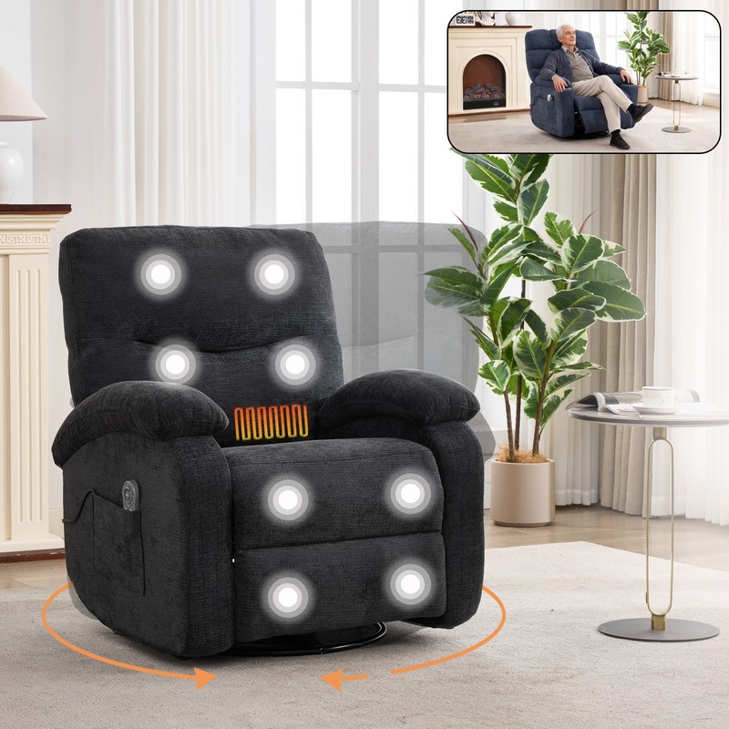 Massage Recliner Chair with Heat & Swivel Rocker, Black