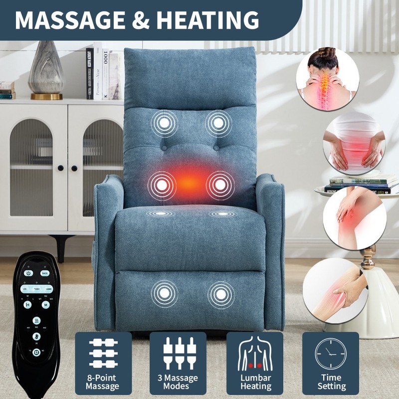 Blue Chenille Single Motor Lift Recliner | Massage, Heat, USB, 155° Max Recline gallery