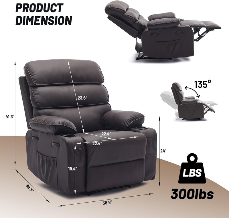 PU Leather Manual Recliner Chair w Massage&Heating, Extra Wide Design for Adults gallery