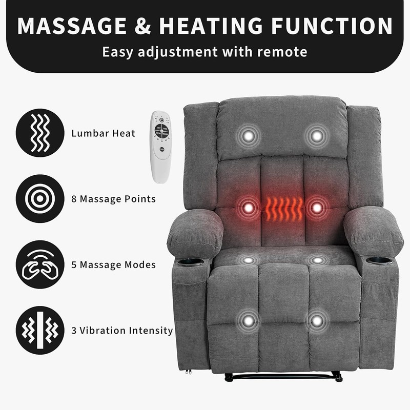 Gray Large Recliner Chair with Massage & Heat, 3 Positions Side & Front Pockets gallery