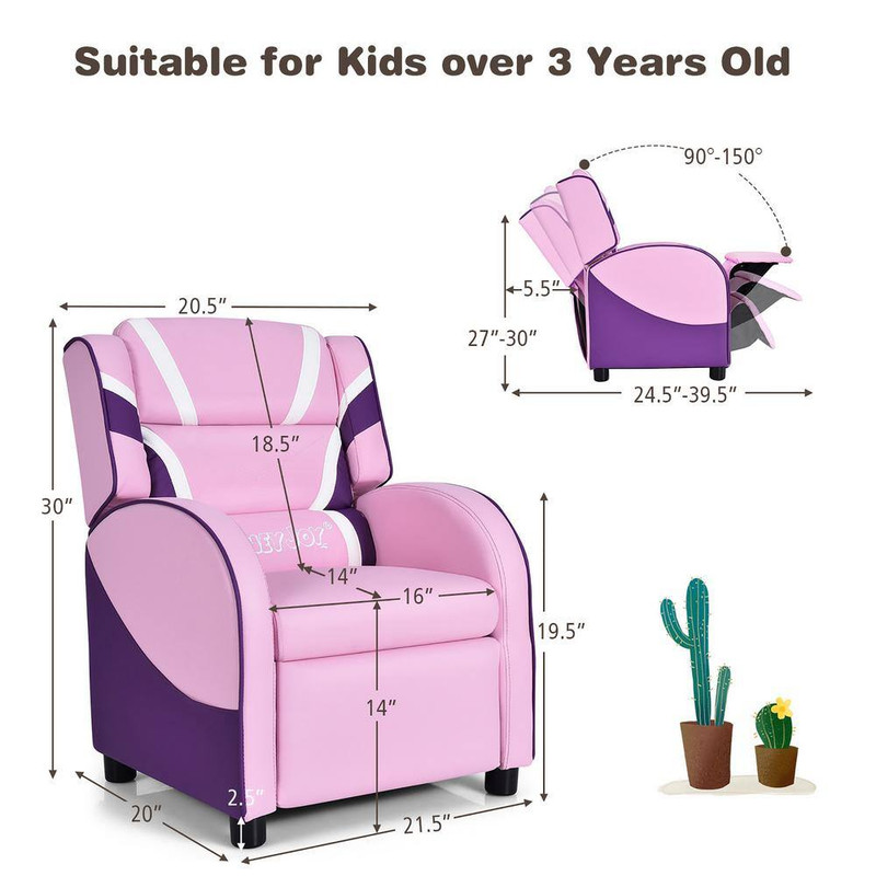 Pink Faux Leather Upholstery Kids Recliner Gaming Sofa W/Side Pockets gallery