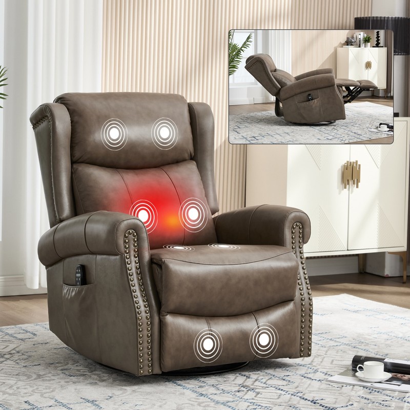 Manual Recliner Chair with Heat Massage, Rocker & Swivel in Leather