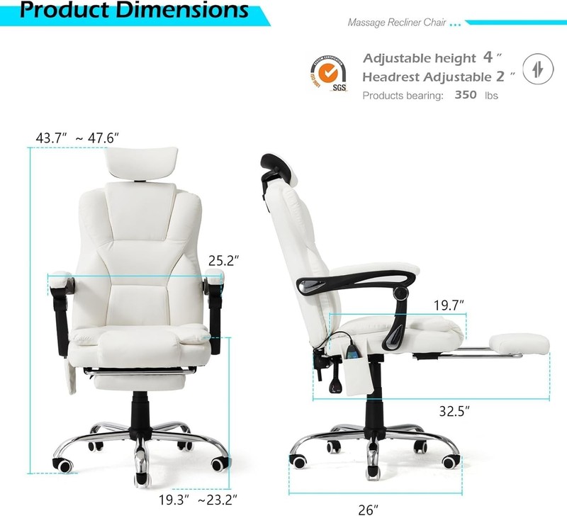 Massage Office Chair Heat Reclining Footrest Executive Chair White Leather gallery