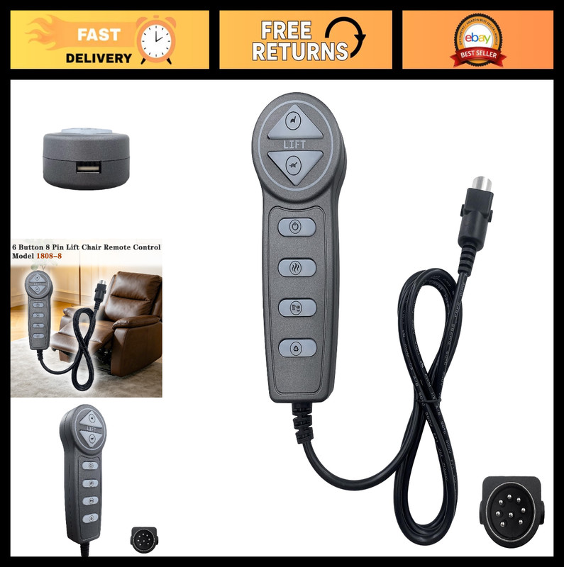 8 Pin Massage Remote Control for Power Recliner & Lift Chair - USB Port, 6 Butto