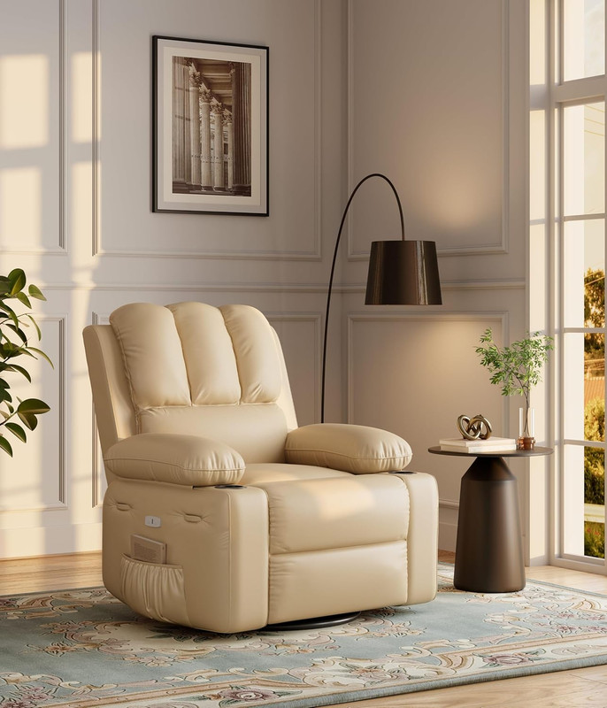 27″ Power Recliner Chair with Massage, Heat, USB & Side Pockets, Beige