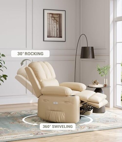 Oversized Electric Recliner Chair for Living Room – PU Leather Swivel Beige gallery