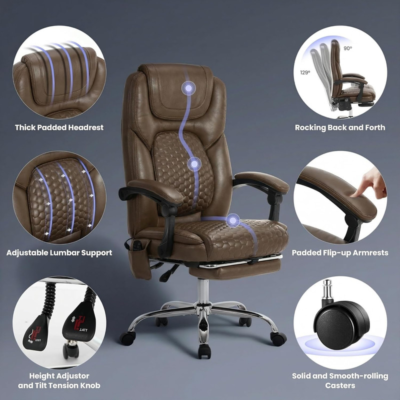 Massage Office Chair Set of 2 with Heat, Footrest & Side Pocket - Brown gallery