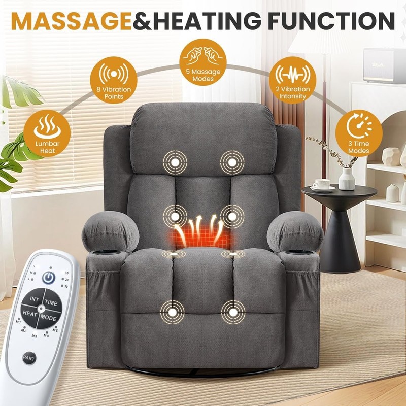 Swivel Rocker Recliner Chair W/ Vibration Massage & Lumbar Heating Ergonomic gallery