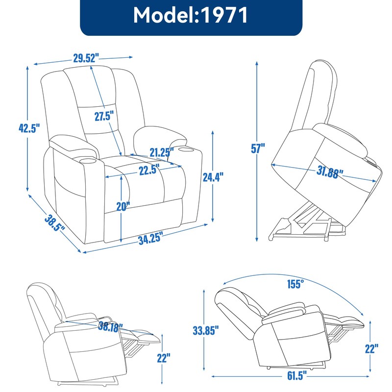Power Lift Recliner Chair with Massage, Heat, USB Ports, Blue gallery