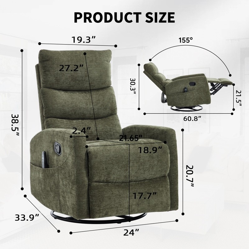 Green Fabric Recliner Chair with Massage, Heat, Rocker & Swivel gallery