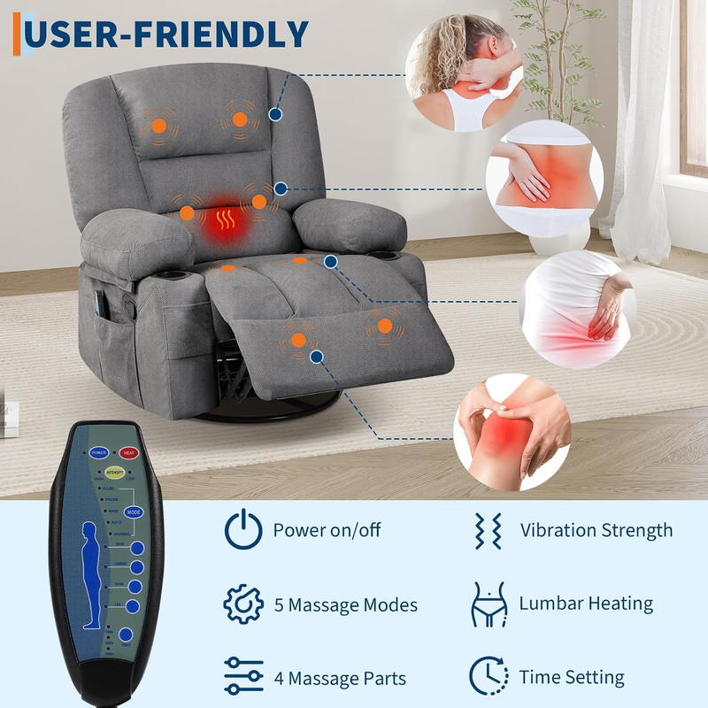 Massage Rocking Recliner Chair with Vibration and Heat, 360° Swivel Chenille Roc gallery