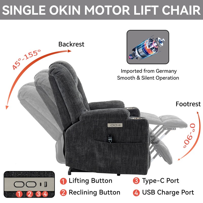 Power Lift Recliner Chair with Massage and Heat for Elderly, 2 Cup Holders, Gray gallery