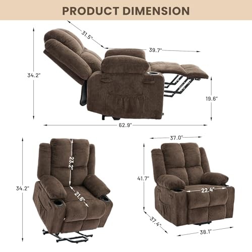 Power Lift Recliner Chair with Massage and Heat, Oversized Electric Lift Brown gallery