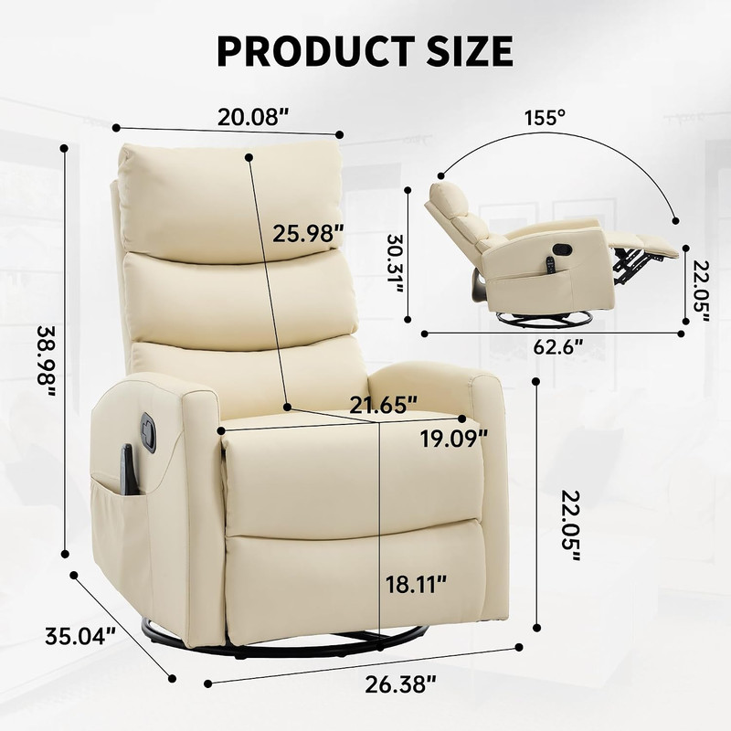 Beige Heat Massage Recliner Chair with 360 Swivel and 8-Point Vibration gallery