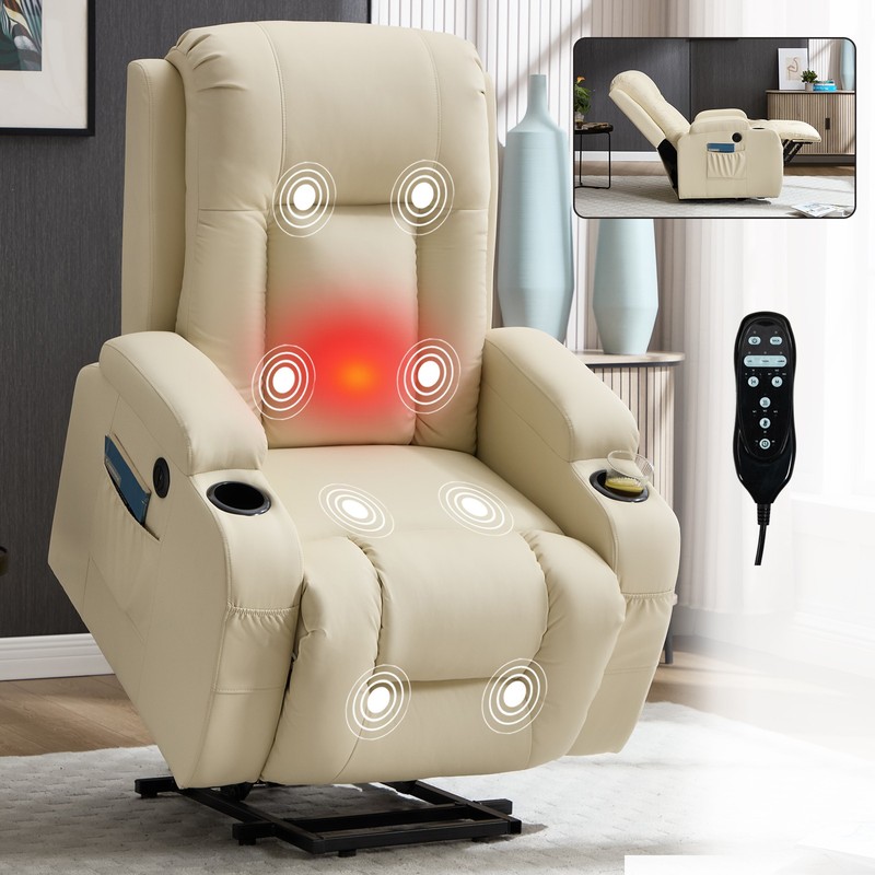 Power Lift Recliner Chair with Massage & Heat, 350 lbs Capacity, Beige