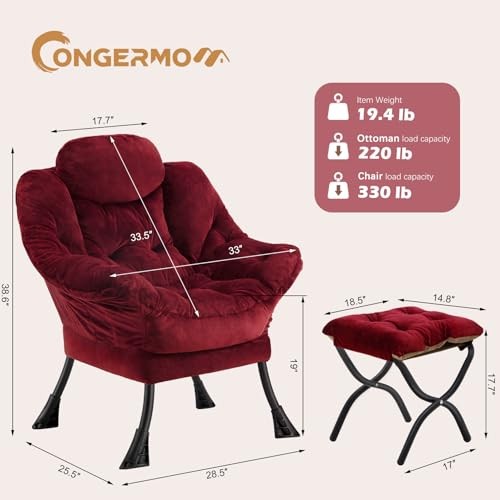 Lazy Chair with Folding Ottoman,Leisure Sofa Chair,Soft Fabric Plush Red gallery