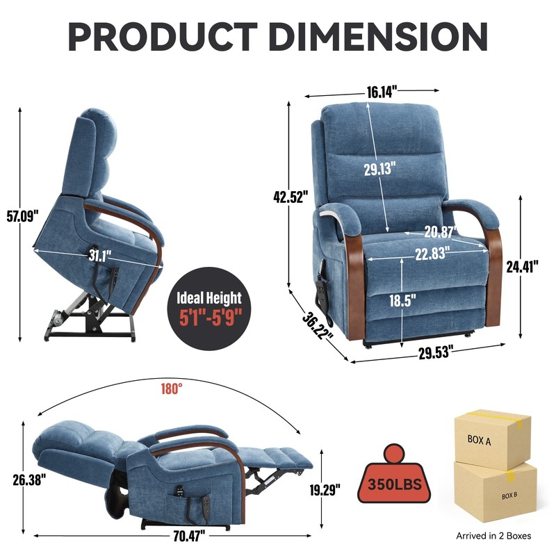 Power Lift Recliner Chair w/ Heat Massage, Blue Chenille, 350 lbs gallery