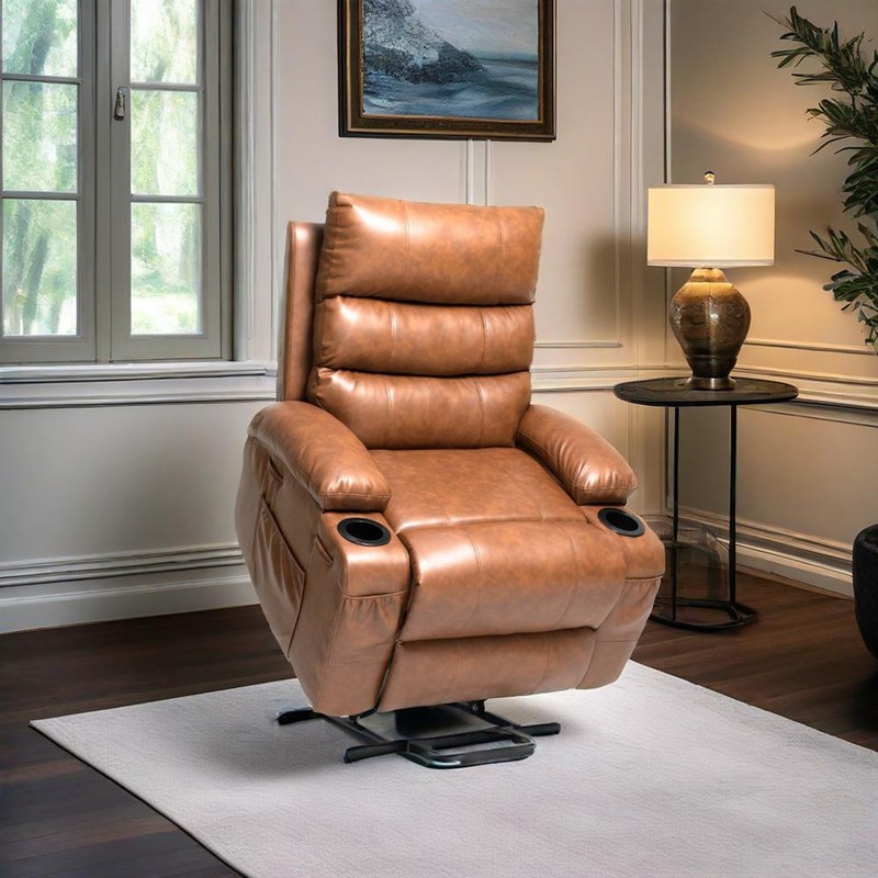 Power Lift Recliner Chair with Massage & Heat, 21" Seat, Brown PU