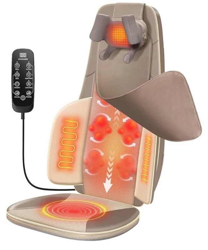 Flekzo Shiatsu Back Massager Seat Pad w/ Heat Neck Rollers Brown