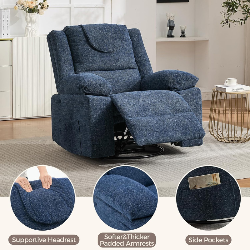 Blue Oversized Massage Rocker Recliner Chair with 360° Swivel and Heating gallery