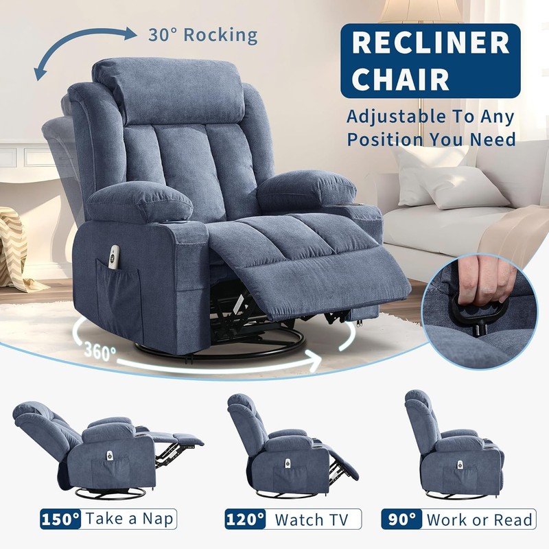 Oversized Swivel Rocking Recliner Chair,Heat&Massage,360° Swivel USB Cup Holders gallery