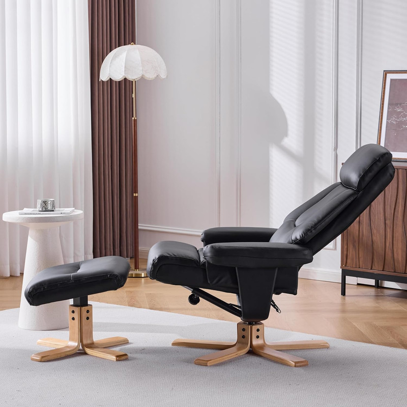 Heated Massage Accent Chair with Ottoman, 360° Swivel, PU Leather, Black gallery