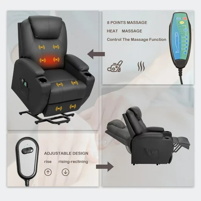 Heated Recliner Chair with USB Port 8 Node Massage Cup Holders and More Black gallery