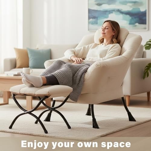 Lazy Chair and Ottoman, Large Velvet Accent Chair with a Side Pocket, Beige gallery