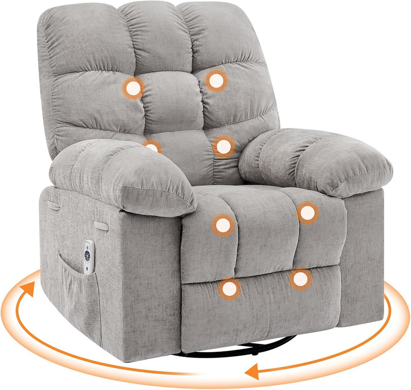 Gray Rocker Recliner Chair with Massage, Heat & 360° Swivel for Comfort
