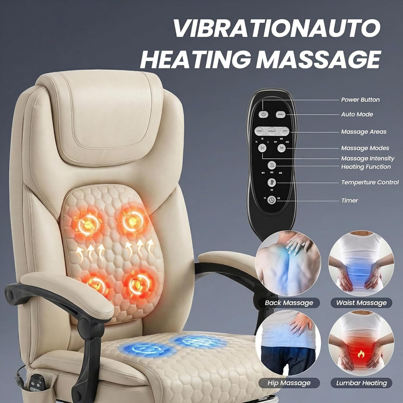 Massage Office Chair with Heat and Footrest - 3-Level 65°C Targeted Heating, 20- gallery