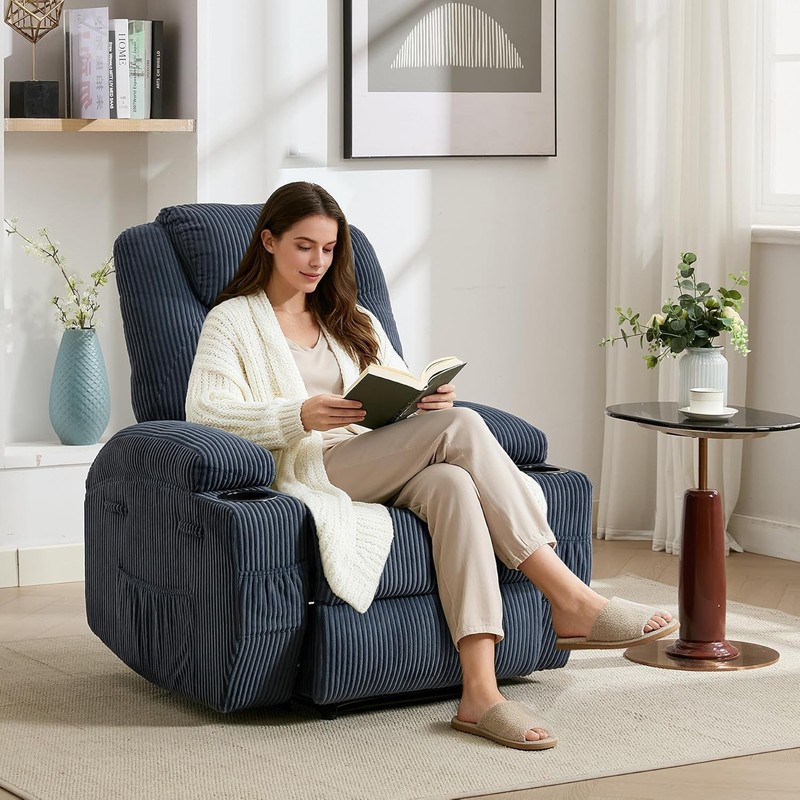 Electric Massage Recliner with Heat,Corduroy Adjustable Chair with Pockets Blue gallery