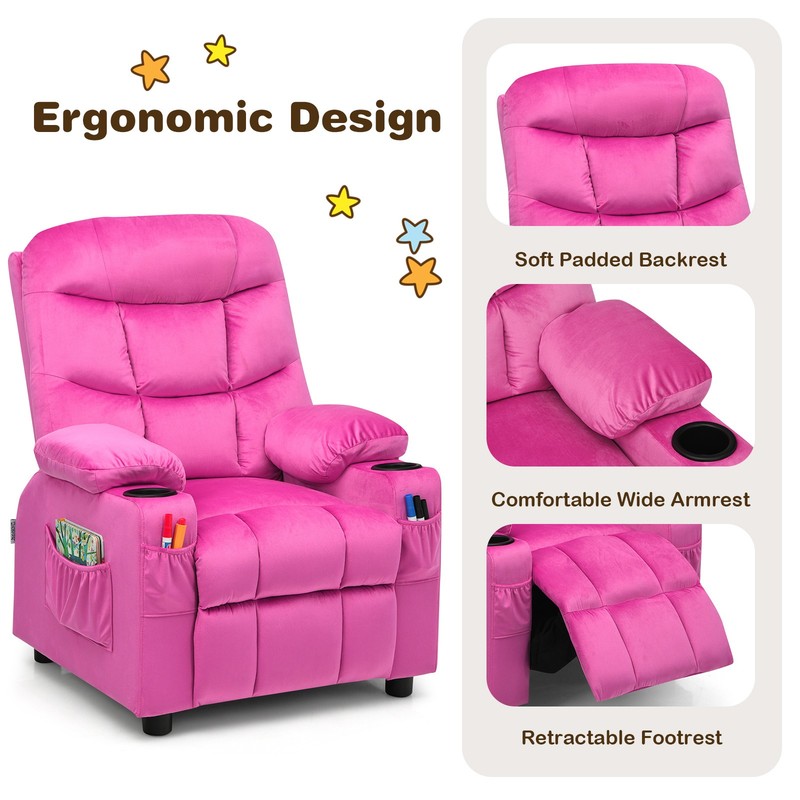 Costway Kids Youth Recliner Chair Velvet Fabric w/Cup Holder & Side Pocket Pink gallery