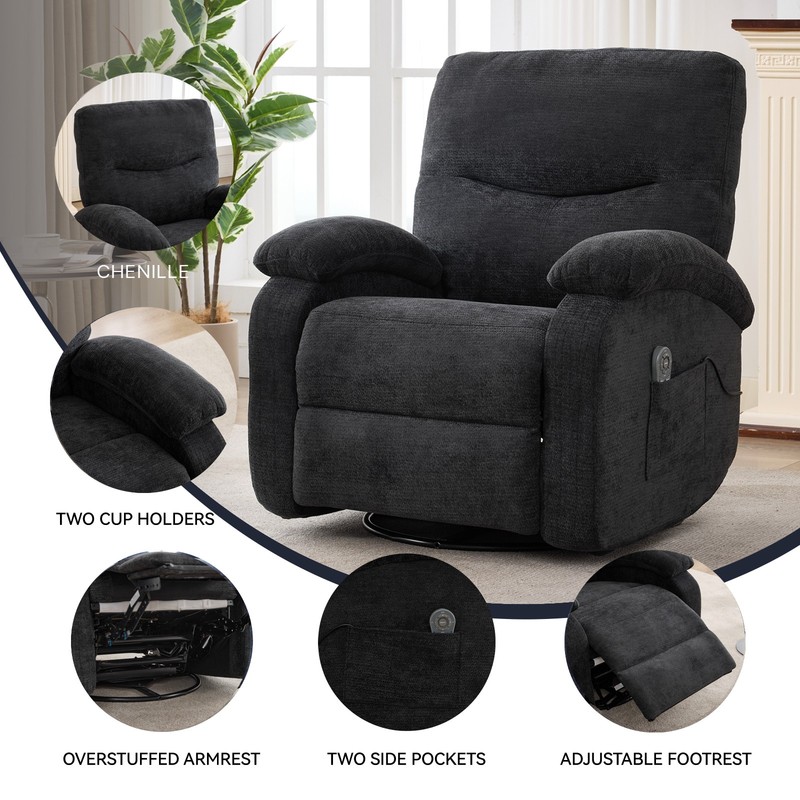 Massage Recliner Chair with Heat & Swivel Rocker, Black gallery