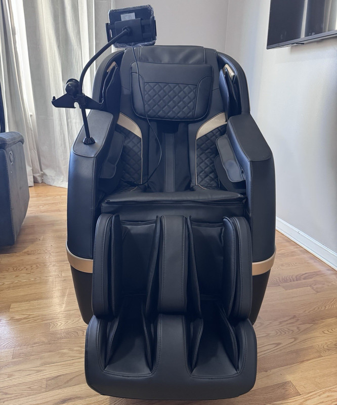 Electric Massage Chair w/ Tablet Control, Black/Gold Faux Leather Solid