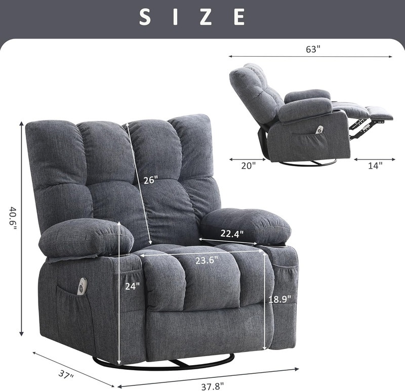 Oversized Massage Swivel Recliner Chair with Lumbar Heating for Living Room Rock gallery